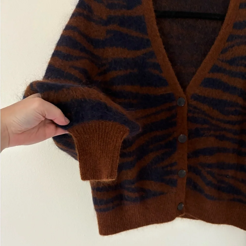 Sezane Rust and Navy Zebra-Striped Mohair Blend Cardigan